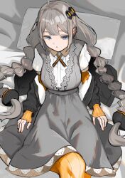 Rule 34 | 1girl, :o, ahoge, black jacket, braid, breasts, collared shirt, commentary request, cross tie, dress, elbow gloves, fingerless gloves, from above, gloves, grey dress, grey eyes, grey hair, hair ornament, half-closed eyes, highres, jacket, jacket partially removed, kizuna akari, knee up, large breasts, long hair, looking at viewer, looking up, low twin braids, on bed, orange gloves, orange pantyhose, pantyhose, pillow, pinafore dress, puffy short sleeves, puffy sleeves, ribbed gloves, shirt, short sleeves, sidelocks, sitting, sleeveless, sleeveless dress, solo, toriatamastudio, twin braids, very long hair, vocaloid, voiceroid, white shirt