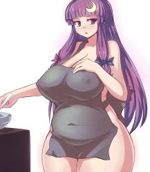 Rule 34 | 1girl, apron, bad id, bad twitter id, belly, blush, bow, breasts, cleavage, colorized, covered navel, crescent, crescent hair ornament, curvy, covered erect nipples, fat, hair bow, hair ornament, huge breasts, jadf, long hair, naked apron, open mouth, patchouli knowledge, plump, purple eyes, purple hair, ribbon, simple background, solo, thick thighs, thighs, touhou, white background, wide hips