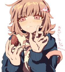 1girl blush brown_hair cake danganronpa_(series) danganronpa_2:_goodbye_despair dated food food_on_face galaga hair_ornament highres holding holding_food hood jacket long_sleeves medium_hair nanami_chiaki neck_ribbon open_clothes open_jacket oteage pink_eyes ribbon shirt solo spaceship_hair_ornament translation_request