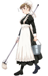 Rule 34 | 1girl, apron, black dress, black footwear, black pantyhose, blush, brown hair, bucket, dress, frilled apron, frills, full body, highres, holding, holding bucket, holding mop, idolmaster, idolmaster cinderella girls, kamiya nao, long sleeves, maid, mop, nigou, open mouth, pantyhose, puffy sleeves, red eyes, simple background, solo, standing, teeth, translation request, upper teeth only, white apron, white background
