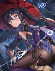 Rule 34 | 1girl, 3:, ass, black gloves, black hair, blue eyes, blue leotard, breasts, brown pantyhose, cape, closed mouth, detached sleeves, from behind, genshin impact, gloves, gold trim, gradient legwear, hat, high heels, highres, leotard, long hair, long sleeves, looking at viewer, looking back, mona (genshin impact), pantyhose, sitting, small breasts, solo, twintails, wariza, witch hat, yuririn poi