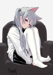 Rule 34 | 1girl, animal ears, artist name, black skirt, blush, cat ears, commentary request, couch, feet, feiqizi (fkey), fkey, grey background, head tilt, highres, long sleeves, looking at viewer, miniskirt, no shoes, original, pantyhose, red eyes, sailor collar, school uniform, serafuku, signature, silver hair, simple background, sitting, skirt, solo, twintails, white pantyhose