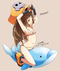 Rule 34 | 1girl, bad id, bad twitter id, bikini, black gloves, brown eyes, brown hair, chimaki (impressiveanarchy), dated, fingerless gloves, gloves, guilty gear, hat, long hair, looking at viewer, may (guilty gear), orange hat, pirate hat, simple background, smile, solo, stomach, swimsuit