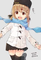 Rule 34 | 1girl, alternate costume, black bow, black hat, black skirt, black thighhighs, blue scarf, bow, brown eyes, brown hair, coat, cowboy shot, duffel coat, fur hat, grey background, hair bow, hat, kantai collection, long hair, low twintails, open mouth, papakha, pleated skirt, running, scarf, simple background, skirt, smile, solo, star (symbol), tashkent (kancolle), thighhighs, twintails, u yuz xx, white coat, winter clothes