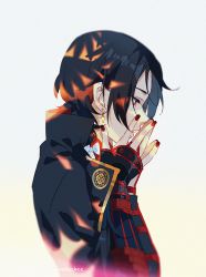 Rule 34 | 1boy, armor, bad id, bad pixiv id, black hair, covering own mouth, dappled sunlight, earrings, emblem, from side, instocklee, japanese armor, jewelry, kashuu kiyomitsu, kote, kurokote, long hair, looking away, male focus, nail polish, open mouth, profile, red eyes, red nails, red scarf, scarf, solo, sunlight, touken ranbu, upper body, warming, warming hands, white background