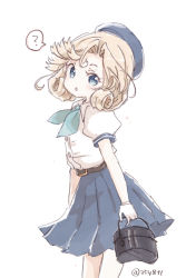 Rule 34 | 1girl, beret, black skirt, blonde hair, blue eyes, blue hat, blue neckerchief, commentary request, hat, janus (kancolle), kantai collection, looking at viewer, lunchbox, miko (35nikomi), neckerchief, one-hour drawing challenge, parted bangs, pleated skirt, shirt, short hair, skirt, solo, white shirt