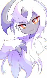 Rule 34 | 1girl, :3, absol, animal hands, body fur, bright pupils, chromatic aberration, claws, closed mouth, colored skin, creatures (company), dot nose, female focus, furry, furry female, game freak, gen 3 pokemon, grey horns, grey skin, hand on own chest, hand up, happy, head tilt, highres, horns, looking at viewer, neck fur, nintendo, pokemon, pokemon (creature), portrait, red eyes, samenoha (salmon no kaori), short hair, sidelocks, simple background, single horn, smile, solo, white background, white fur, white hair, white pupils, white theme