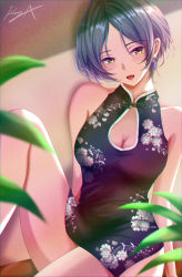 Rule 34 | 1girl, arm support, bad id, bad pixiv id, bare legs, bare shoulders, black dress, blue eyes, blush, breasts, china dress, chinese clothes, cleavage, dress, earrings, floral print, hair between eyes, hayami kanade, highres, idolmaster, idolmaster cinderella girls, indoors, jewelry, knee up, koya (koya x 00), lipstick, looking at viewer, makeup, medium breasts, open mouth, plant, potted plant, short hair, side slit, signature, sitting, sleeveless, sleeveless dress, smile, solo, yellow eyes