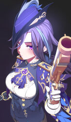 Rule 34 | 1girl, absurdres, antique firearm, ascot, black background, black corset, black skirt, blue ascot, blue cape, blue hair, breasts, button gap, cape, clorinde (genshin impact), closed mouth, commentary, corset, dark blue hair, elbow gloves, epaulettes, finger on trigger, firearm, fold-over gloves, framed breasts, genshin impact, gloves, gun, hair between eyes, hat, hat feather, highres, holding, holding gun, holding weapon, large breasts, long hair, long hair between eyes, looking at viewer, multicolored hair, pencil skirt, purple eyes, shirt, skirt, solo, streaked hair, taut clothes, taut shirt, tricorne, vision (genshin impact), weapon, white gloves, white shirt, wo475712