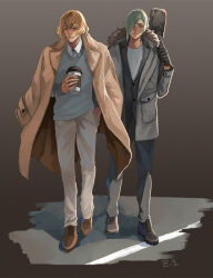 Rule 34 | 2boys, alternate costume, black gloves, blonde hair, brown coat, cardigan, chinese commentary, closed mouth, coat, coat on shoulders, coffee cup, collared shirt, commentary request, contemporary, cup, dated commentary, disposable cup, expressionless, full body, gloves, green hair, grey cardigan, grey coat, grey pants, hair over one eye, hand in pocket, higekiri (touken ranbu), hizamaru (touken ranbu), holding, holding cup, looking afar, male focus, multiple boys, pants, shirt, short hair, signature, smile, touken ranbu, walking, white shirt, yellow eyes, zi tsas