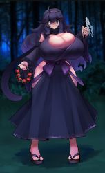 Rule 34 | 1girl, @ @, absurdres, adapted costume, ahoge, alternate breast size, bow, breasts, cleavage, cleavage cutout, clothing cutout, creatures (company), curvy, detached sleeves, forest, game freak, geta, gigantic breasts, gipehtyboo, gohei, hairband, hex maniac (pokemon), highres, hip vent, japanese clothes, kimono, long hair, messy hair, nature, nintendo, poke ball, poke ball (legends), pokemon, pokemon legends: arceus, pokemon xy, purple eyes, purple hair, purple hairband, sash, side slit, smile, solo, standing, thick thighs, thighs, wide hips, wide sleeves