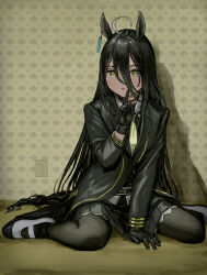 Rule 34 | 1girl, absurdres, ahoge, animal ears, belt, black belt, black choker, black coat, black gloves, black hair, black pantyhose, black skirt, choker, coat, commentary, curry soba, earrings, electrical outlet, english commentary, full body, gloves, hair between eyes, highres, horse ears, horse girl, horse tail, index finger raised, indoors, jewelry, long hair, long sleeves, looking at viewer, manhattan cafe (umamusume), multicolored hair, necktie, on floor, pantyhose, shadow, single earring, sitting, skirt, solo, tail, umamusume, wariza, white hair, yellow eyes, yellow necktie