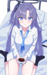 Rule 34 | 1girl, absurdres, alternate hairstyle, aot., black socks, blue archive, blue necktie, collar, collared shirt, halo, highres, long hair, long sleeves, looking at viewer, necktie, no pants, on bed, one side up, purple eyes, purple hair, shirt, simple background, sitting, socks, solo, thighs, wariza, white background, white collar, white shirt, yuuka (blue archive)
