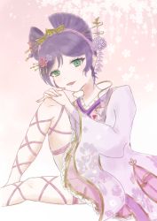 Rule 34 | 1girl, alternate hairstyle, aqua eyes, artist name, artist request, bare legs, blush, braid, breasts, crown braid, female focus, fingers together, floral print, flower, flower print, green eyes, hair flower, hair ornament, hands on knee, highres, japanese clothes, kimono, knee up, long sleeves, looking at viewer, love live!, love live! school idol festival, love live! school idol festival all stars, love live! school idol project, nail, nail polish, obi, own hands together, parted lips, pink kimono, pink nails, pink nails, purple flower, purple hair, red flower, ribbon-trimmed legwear, ribbon trim, sash, short hair, small breasts, smile, solo, tojo nozomi, upper body, white kimono