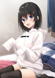 Rule 34 | 1girl, azuki yui, bed, black hair, black thighhighs, blue eyes, blush, breasts, commentary request, grey shorts, hair between eyes, hair ornament, hairclip, hands up, highres, hood, hoodie, indoors, kneeling, long sleeves, looking at viewer, medium breasts, medium hair, open mouth, original, pillow, short shorts, shorts, sleeves past fingers, sleeves past wrists, smile, solo, sweater, thighhighs, white sweater