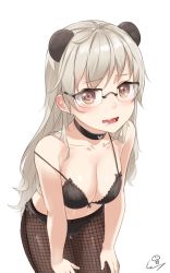 Rule 34 | 1girl, animal ears, bare shoulders, black-framed eyewear, black bra, black neckwear, black panties, black pantyhose, blush, bra, breasts, choker, cleavage, collar, collarbone, drooling, fishnet pantyhose, fishnets, glasses, grey hair, hands on own knees, hands on thighs, heart, heart choker, highres, leaning forward, long hair, looking at viewer, medium breasts, navel, open mouth, original, panties, pantyhose, parted lips, saliva, signature, simple background, solo, standing, stomach, straight hair, strap slip, underwear, underwear only, wet.elephant, white background