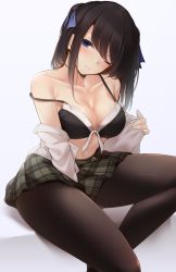 Rule 34 | 1girl, between legs, black bra, black hair, black pantyhose, blue background, blue eyes, blush, bra, breasts, brown hair, cleavage, closed mouth, collarbone, collared shirt, dress shirt, grey skirt, hand between legs, head tilt, highres, large breasts, leaning forward, long hair, looking at viewer, mole, mole under eye, navel, off shoulder, one eye closed, open clothes, open shirt, original, pantyhose, plaid, plaid skirt, pleated skirt, shirt, sidelocks, simple background, sitting, skirt, solo, strap slip, toyosaki shu, underwear, undressing, white shirt