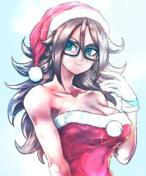 Rule 34 | 1girl, alternate costume, android, android 21, arm at side, bare arms, bare shoulders, black-framed eyewear, blue background, blue eyes, breasts, brown hair, c:, christmas, cleavage, closed mouth, collarbone, dragon ball, dragon ball fighterz, dress, earrings, eyelashes, female focus, fur-trimmed dress, fur-trimmed headwear, fur trim, glasses, gloves, gradient background, hair between eyes, hand up, happy, hat, hoop earrings, jewelry, kemachiku, large breasts, long hair, looking at viewer, neck, red dress, red hat, santa costume, santa dress, santa hat, simple background, smile, solo, sparkle, spiked hair, strapless, strapless dress, upper body, white background, white gloves