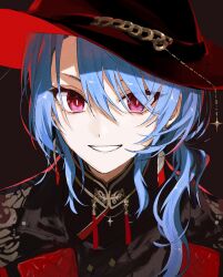 Rule 34 | 1girl, blue hair, brown background, eyelashes, hat, highres, hololive, hoshimachi suisei, hoshimachi suisei (8th costume), ligton1225, long hair, looking at viewer, official alternate costume, official alternate hairstyle, pink eyes, portrait, smile, solo, teeth, virtual youtuber