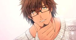 Rule 34 | 1boy, aran sweater, bad id, bad pixiv id, belmond banderas, black-framed eyewear, brown background, brown hair, cable knit, choco (chocovix112), collarbone, facial hair, glasses, hair between eyes, hand on own chin, hand up, long hair, long sleeves, looking at viewer, male focus, nijisanji, parted lips, semi-rimless eyewear, sleeves past wrists, solo, stroking own chin, stubble, sweater, thick eyebrows, under-rim eyewear, upper body, virtual youtuber, white sweater, yellow eyes