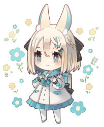 Rule 34 | 1girl, animal ear fluff, animal ears, backpack, bag, black bow, blonde hair, blue bow, blue footwear, blue hair, blue sailor collar, blush, bow, braid, chibi, closed mouth, commentary request, dress, floral background, frilled dress, frills, hair between eyes, hair bow, long sleeves, looking away, multicolored hair, original, pantyhose, puffy long sleeves, puffy sleeves, rabbit ears, sailor collar, sailor dress, shoes, simple background, sleeves past wrists, smile, solo, streaked hair, white background, white dress, white pantyhose, yuzuyomogi