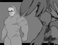 Rule 34 | bamman, fecto elfilis, glasses, greyscale, highres, kirby, kirby (series), kirby and the forgotten land, looking at another, metal gear (series), metal gear rising: revengeance, monochrome, mouthful mode, muscular, muscular male, nintendo, steven armstrong