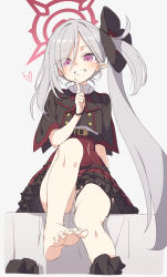 Rule 34 | 1girl, barefoot, black jacket, blue archive, blush, boots, frilled skirt, frills, grey hair, grin, halo, heart, highres, index finger raised, jacket, long hair, looking at viewer, mutsuki (blue archive), panties, pointy ears, purple eyes, satou kibi, side ponytail, simple background, single boot, sitting, skirt, smile, solo, thigh strap, underwear, very long hair, white background, white panties