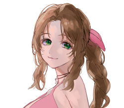 Rule 34 | 1girl, aerith gainsborough, bare shoulders, braid, braided ponytail, breasts, brown hair, choker, dress, final fantasy, final fantasy vii, final fantasy vii remake, flower choker, green eyes, hair ribbon, long hair, looking at viewer, medium breasts, parted bangs, pink dress, pink ribbon, ribbon, sidelocks, smile, solo, square enix, tibino, upper body, white background