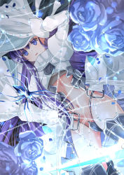 Rule 34 | 1girl, arm up, blue eyes, blue flower, blue rose, blurry, blurry foreground, commentary request, crotch plate, depth of field, dutch angle, fate/grand order, fate (series), flower, hair between eyes, highres, iroha (shiki), jacket, juliet sleeves, long hair, long sleeves, meltryllis (fate), meltryllis (third ascension) (fate), navel, puffy sleeves, purple hair, rose, sleeves past fingers, sleeves past wrists, solo, very long hair, white jacket