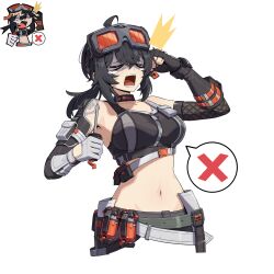 Rule 34 | &gt; &lt;, 1girl, ahoge, belt, black gloves, black hair, breasts, chibi, crop top, elbow gloves, fingerless gloves, gloves, goggles, goggles on head, grace howard, grey gloves, highres, holding, holding screwdriver, hyny, large breasts, long hair, low ponytail, midriff, multiple views, navel, open mouth, screwdriver, shoulder tattoo, sidelocks, simple background, spoken x, sports bra, stomach, tattoo, tears, upper body, white background, white belt, zenless zone zero