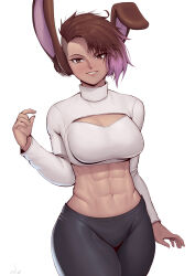 Rule 34 | 1girl, abs, absurdres, animal ear fluff, animal ears, arm at side, black pants, breasts, brown eyes, brown hair, cleavage cutout, clothing cutout, commentary, commission, cowboy shot, cropped shirt, dark-skinned female, dark skin, english commentary, gradient hair, hand up, highres, large breasts, long sleeves, looking at viewer, midriff, multicolored hair, muscular, muscular female, navel, original, pants, parted lips, pink hair, pixiv commission, rabbit ears, rabbit girl, shirt, short hair, signature, simple background, smile, solo, speedl00ver, standing, teeth, thick thighs, thighs, turtleneck shirt, two-tone hair, undercut, white background, white shirt, yoga pants