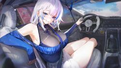 Rule 34 | 1girl, agoto, alchemy stars, arm rest, azure (alchemy stars), bare legs, bare shoulders, belt, blue eyes, blue hair, breasts, car, car interior, cleavage, day, earrings, eyelashes, facial mark, grin, highres, hoop earrings, jewelry, large breasts, long hair, looking at viewer, motor vehicle, multicolored hair, necklace, petals, sitting, skirt, smile, solo, steering wheel, streaked hair, vehicle interior, white hair, white skirt