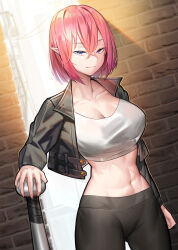Rule 34 | 1girl, black jacket, black pants, blue eyes, breasts, cleavage, cowboy shot, crop top, grin, highres, jacket, large breasts, leggings, looking at viewer, midriff, navel, open clothes, open jacket, original, pants, pink hair, pointy ears, shirt, short hair, smile, solo, standing, stomach, tungsten (kwfr4544), white shirt