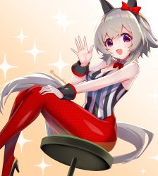 Rule 34 | 1girl, :d, animal ears, bad id, bad pixiv id, bare shoulders, black footwear, blush, bow, breasts, brown background, cleavage, collar, curren chan (umamusume), detached collar, ear bow, feet out of frame, fishnet pantyhose, fishnets, gradient background, grey hair, hair between eyes, hand up, high heels, highres, horse ears, horse girl, horse tail, leotard, medium breasts, meyamu, nontraditional playboy bunny, open mouth, pantyhose, playboy bunny, purple eyes, red bow, red pantyhose, shoes, sitting, smile, solo, sparkle, stool, strapless, strapless leotard, striped clothes, striped leotard, tail, twitter username, umamusume, vertical-striped clothes, vertical-striped leotard, white background, white collar, wing collar, wrist cuffs