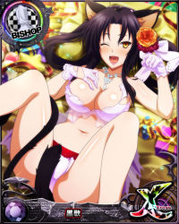 Rule 34 | 1girl, ;d, animal ears, bishop (chess), black hair, blush, breasts, card (medium), cat ears, cat girl, cat tail, character name, chess piece, cleavage, female focus, flower, gloves, hair flower, hair ornament, hair rings, hairband, high school dxd, high school dxd cross, jewelry, kuroka (high school dxd), large breasts, lingerie, lipstick, long hair, looking at viewer, lying, makeup, multiple tails, navel, necklace, negligee, official art, on back, one eye closed, open mouth, panties, paw pose, purple lips, slit pupils, smile, solo, tail, torn clothes, trading card, underwear, underwear only, yellow eyes