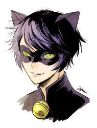 Rule 34 | 1boy, animal ears, bell, black hair, cat ears, chat noir, colored sclera, commentary request, eye mask, fake animal ears, genderswap, genderswap (mtf), green sclera, hibidaikansya2, jingle bell, looking at viewer, male focus, marinette dupain-cheng, miraculous ladybug, neck bell, portrait, purple hair, short hair, signature, simple background, smile, solo, swept bangs, white background, yellow eyes