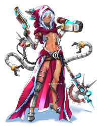 Rule 34 | 1girl, adeptus mechanicus, asymmetrical clothes, breasts, commentary, english commentary, expressionless, extra arms, full body, gun, handgun, high heels, highres, hood, hood up, looking at viewer, mechanical arms, navel, prosthesis, prosthetic arm, purple eyes, shiny skin, single mechanical arm, small breasts, solo, sydus, tube, warhammer 40k, weapon, white background, white hair
