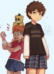 Rule 34 | 1boy, 1girl, blonde hair, blouse, bow, brother and sister, brown hair, child, crying child (fnaf), dabi bill, elizabeth afton, five nights at freddy&#039;s, food, green eyes, hair bow, highres, holding, holding food, holding spoon, ice cream, ice cream cone, long hair, pink shirt, shirt, shorts, siblings, skirt, spoon, striped clothes, striped shirt