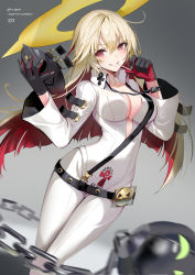 Rule 34 | 1girl, black gloves, blonde hair, blurry, blurry background, blurry foreground, blush, bodysuit, breasts, character name, cleavage, commentary request, copyright name, depth of field, fingernails over gloves, gloves, grey background, grin, guilty gear, guilty gear xrd, hair between eyes, holding, holding mask, jack-o&#039; valentine, large breasts, lloule, long hair, long sleeves, looking at viewer, mask, unworn mask, multicolored hair, red eyes, red hair, smile, solo, two-tone hair, v-shaped eyebrows, very long hair, white bodysuit, wide sleeves, wing collar