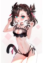 Rule 34 | 1girl, absurdres, aqua eyes, asymmetrical bangs, baocaizi, bare arms, bare shoulders, black bra, black choker, black hair, black panties, blush, bra, breasts, cat cutout, cat ear panties, cat lingerie, choker, cleavage, cleavage cutout, clothing cutout, collarbone, contrapposto, creatures (company), earrings, frilled bra, frills, game freak, gluteal fold, grey background, hair between eyes, hair ribbon, hands up, highres, jewelry, looking at viewer, lower teeth only, marnie (pokemon), medium breasts, meme attire, multi-strapped panties, navel, nintendo, open mouth, panties, pokemon, pokemon swsh, red ribbon, revision, ribbon, side-tie panties, solo, teeth, twintails, underwear, underwear only, v-shaped eyebrows
