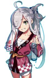 Rule 34 | 1girl, asashimo (kancolle), bottle, breasts, collarbone, green eyes, grey hair, grin, hair over one eye, highres, japanese clothes, kantai collection, kawakami rokkaku, long hair, looking at viewer, sarashi, simple background, small breasts, smile, solo, teeth, towel, very long hair, white background
