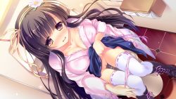 Rule 34 | 1girl, black hair, blush, boots, breasts, brown eyes, censored, cleavage, clothes lift, cross-laced footwear, dutch angle, flower, game cg, hair flower, hair ornament, hairband, kuroba kasumi, large breasts, long hair, looking at viewer, love love life, love love live, mosaic censoring, open mouth, panties, panty pull, pink panties, pussy, sitting, skirt, skirt lift, solo, tears, thighhighs, tissue, toilet, toilet use, underwear, white thighhighs, wide sleeves, wori