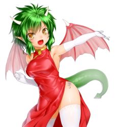 Rule 34 | 1girl, arm up, armpits, blush, china dress, chinese clothes, draco centauros, dragon girl, dragon tail, dragon wings, dress, elbow gloves, fang, gloves, green hair, highres, horns, looking at viewer, madou monogatari, monster girl, onsoku inu, open mouth, panties, pointy ears, puyopuyo, short hair, side-tie panties, side slit, simple background, smile, solo, tail, thighhighs, underwear, white background, white gloves, white thighhighs, wings, yellow eyes