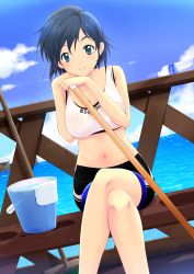 Rule 34 | 1girl, bare arms, bare shoulders, bike shorts, black shorts, blue hair, blue sky, blush, bottle, breasts, broom, character request, cleavage, closed mouth, collarbone, crossed legs, day, dutch angle, f&amp;c, foreshortening, green eyes, highres, horizon, katori (mocchidou), medium breasts, navel, ocean, outdoors, puddle, see-through, short hair, shorts, sitting, sky, smile, solo, sports bra, stomach, swept bangs, tareme, towel, water, water bottle, wet, wet clothes
