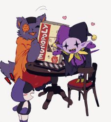 Rule 34 | :3, :d, black cape, board game, buttons, cape, cat, chair, chess piece, chessboard, colored skin, deltarune, fang, hat, heart, highres, jester cap, jevil, lancer (deltarune), monopoly, no humans, open mouth, orange tunic, patch, playing games, purple fur, purple skin, scar, seam (deltarune), sharp teeth, simple background, smile, table, tail, teeth, tunic, white background, y o u k a