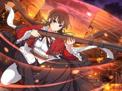 Rule 34 | 1girl, ahoge, bandolier, black bow, black ribbon, black skirt, blue eyes, blue sky, blush, bolt action, bow, breasts, brown hair, building, bullet, cleavage, damaged, debris, destruction, evening, fire, fire, frilled sleeves, frills, frown, gradient sky, green eyes, gun, hair ribbon, hairband, heterochromia, holding, holding gun, holding weapon, kneeling, large breasts, light particles, long hair, long skirt, looking at viewer, low twintails, official art, on one knee, orange sky, pantyhose, pink sky, post-apocalypse, purple sky, red hairband, red shawl, red sleeves, ribbon, rifle, rubble, ruins, ryoubi (senran kagura), senran kagura, senran kagura new link, senran kagura shinovi versus, shawl, shirt, skirt, sky, sniper rifle, solo, sparkle, sparks, twintails, v-shaped eyebrows, very long hair, weapon, white pantyhose, white shirt, window, wreckage, yaegashi nan, yellow sky