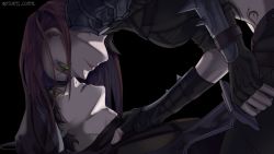 Rule 34 | black background, e relin1115, green eyes, highres, katarina (league of legends), league of legends, red hair, scar, talon (league of legends), tattoo, yellow eyes