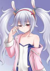 Rule 34 | 1girl, animal ears, azur lane, breasts, cleavage, commentary request, fake animal ears, grey background, hair between eyes, hairband, highres, jacker, laffey (azur lane), long hair, long sleeves, looking away, rabbit ears, red eyes, rubbing eyes, sidelocks, simple background, sleepy, small breasts, solo, spaghetti strap, tadano myoushi, twintails, white hair