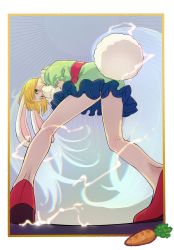 Rule 34 | absurdres, blonde hair, carrot, carrot (one piece), electricity, from below, gloves, highres, leg focus, long hair, long tail, one piece, rabbit ears, rabbit girl, rabbit tail, shoes, short hair, skirt, sulong form, tail, thighs, very long hair