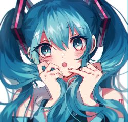 Rule 34 | 1girl, :o, bare shoulders, blue eyes, blue hair, blush, collared shirt, commentary request, danjou sora, detached sleeves, hair between eyes, hair ornament, hands up, hatsune miku, holding, holding hair, long hair, long sleeves, looking at viewer, parted lips, shirt, sidelocks, sleeveless, sleeveless shirt, solo, twintails, vocaloid, white background, white shirt